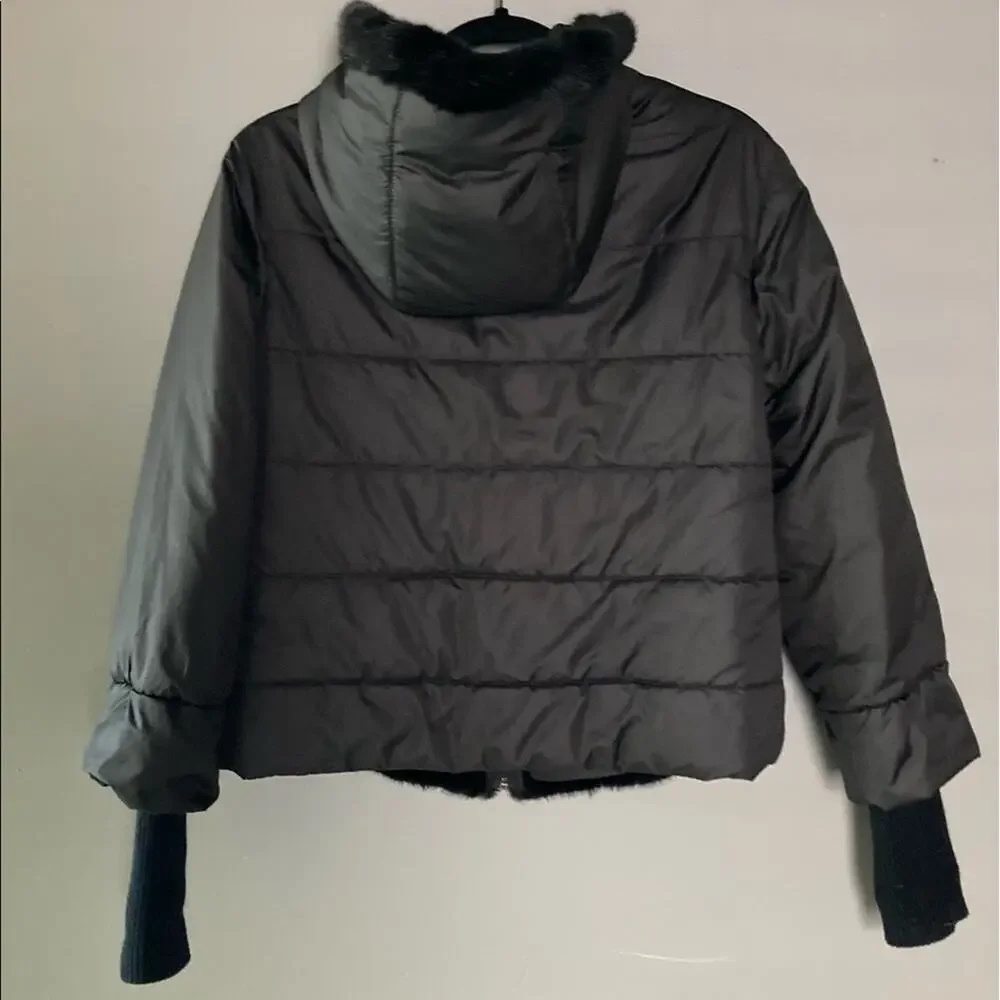 Max & Moi‎ Paris fur quilted hooded puffer bomber jacket black sweater sleeve